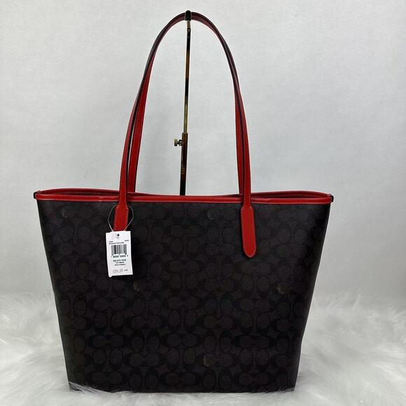 Coach City Tote Bag In Signature Canvas In Walnut/Red CV976 NWT - Picture 3 of 8